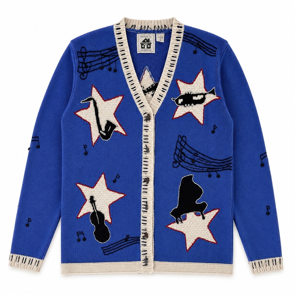 Storybook Knits Sweater Womens L Blue Music To My Ears Cardigan Beaded Stars